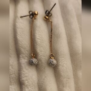 Sterling Silver + Goldtone Marcisite Dangling Ball Pierced Earrings. 1.5"